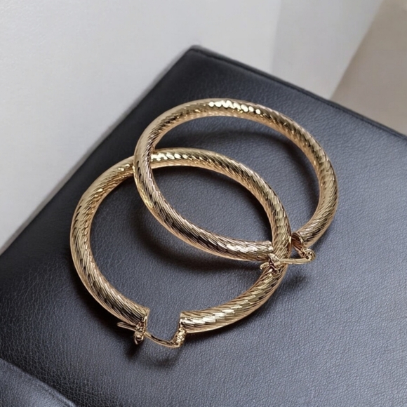 ANNE KLEIN Large Gold Hoops 60mm 2.38" Etched Textured Hoop Earrings Luxe Vibe - Picture 4 of 12